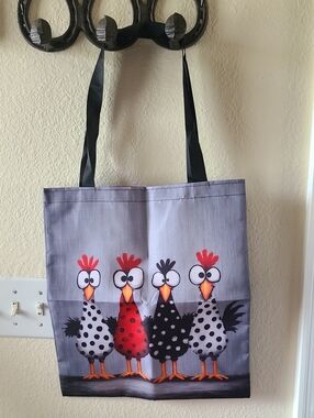 Stylish Polka-Dot Chicken Print Tote Bag - Gray with Red & Black Accents
